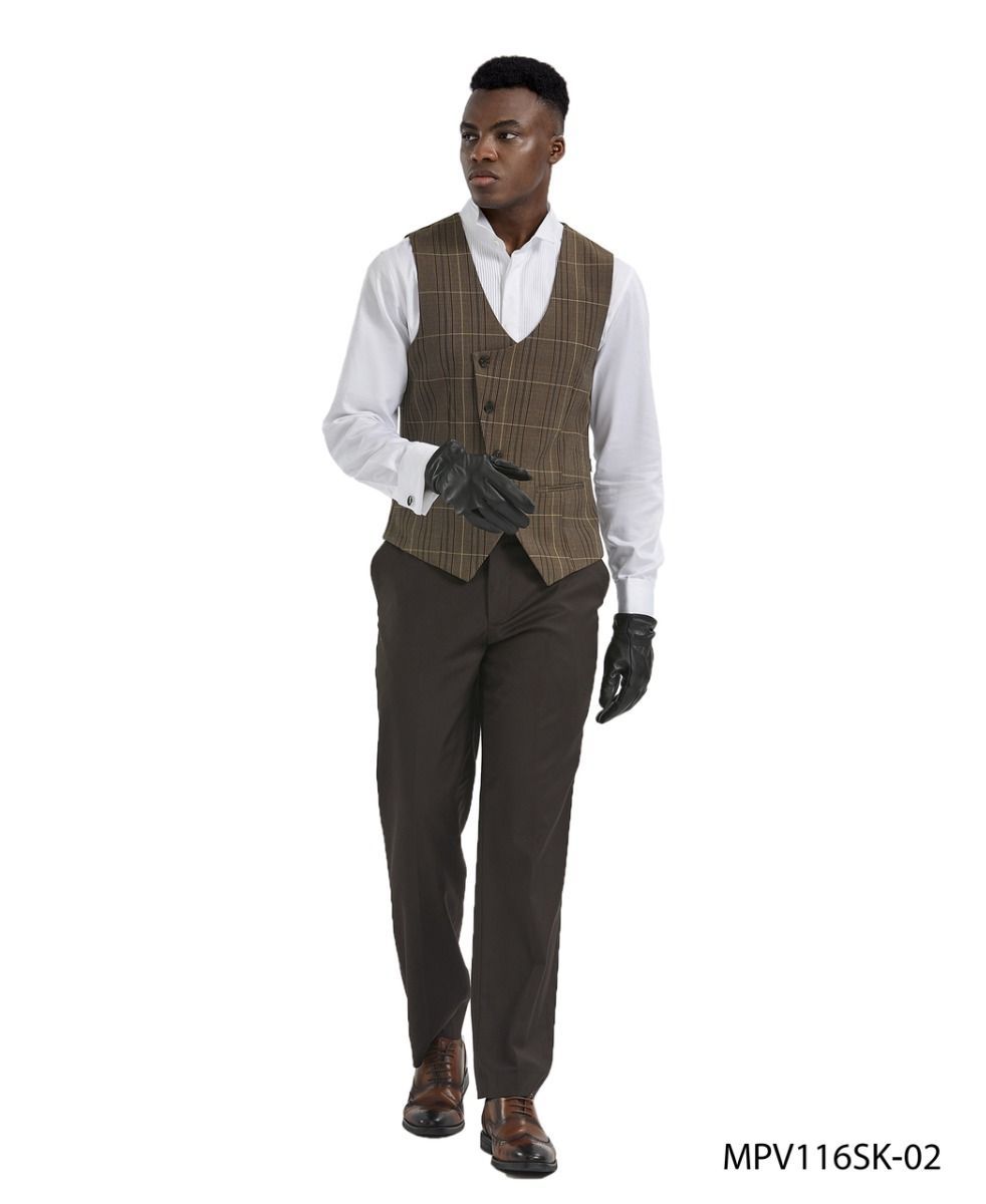 Tazio Men's Outlet 2 Piece Skinny Fit Vest Set- Glen Plaid Pattern
