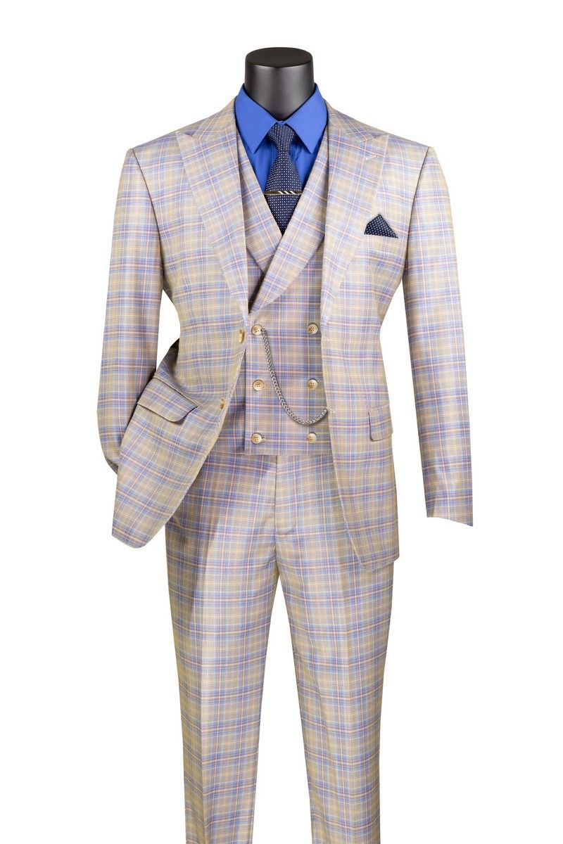 Vinci Men's 3 Piece Modern Fit Suit - Electric Windowpane