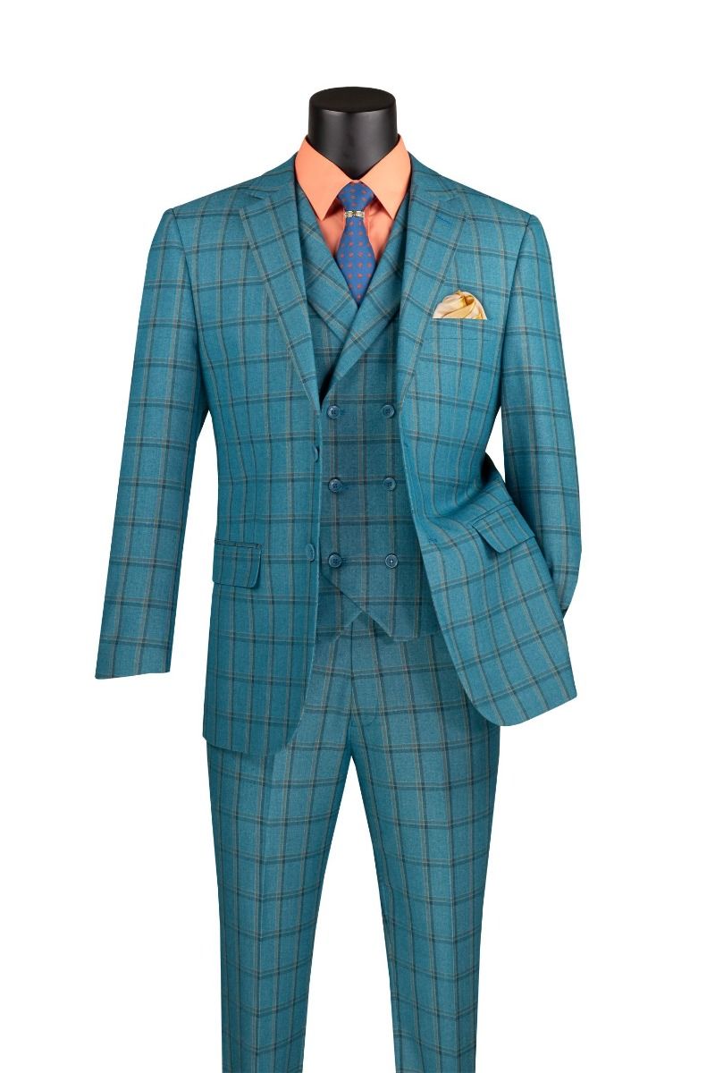 Slim Fit Suit Windowpane 3 Piece with Vest Beige SV2W-6 main image 1