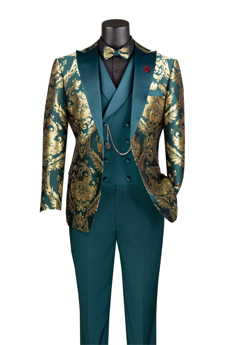Vinci Men's 3 Piece Modern Fit Suit - Luxurious Jacquard