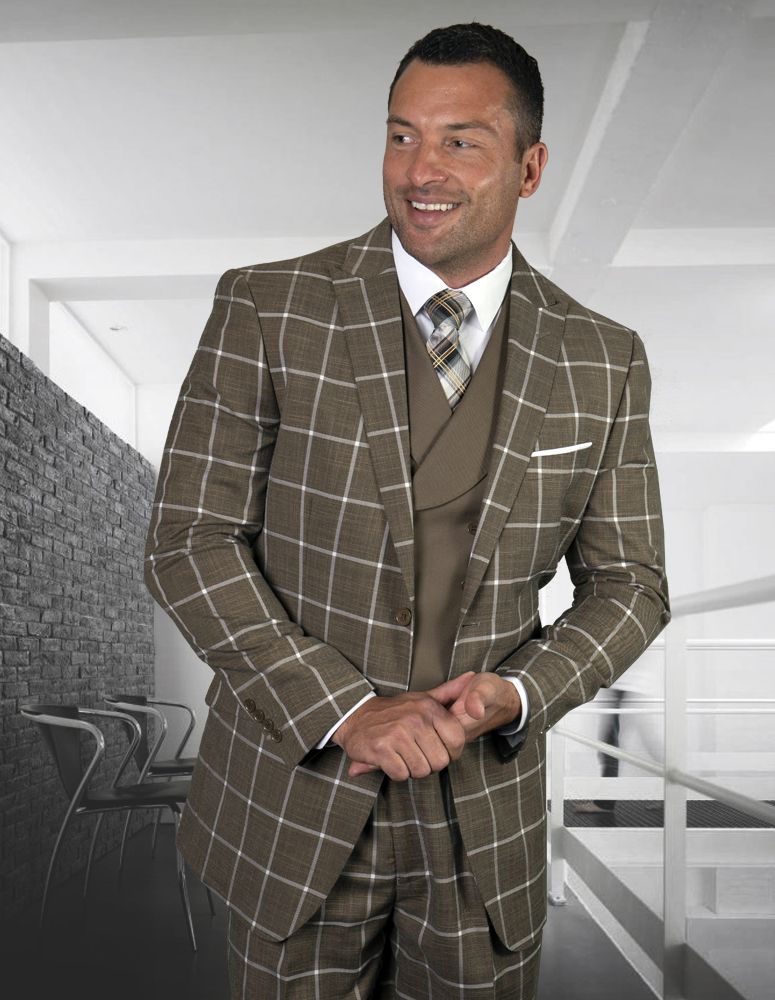Statement Men's 100% Wool 3 Piece Suit - Light Windowpane