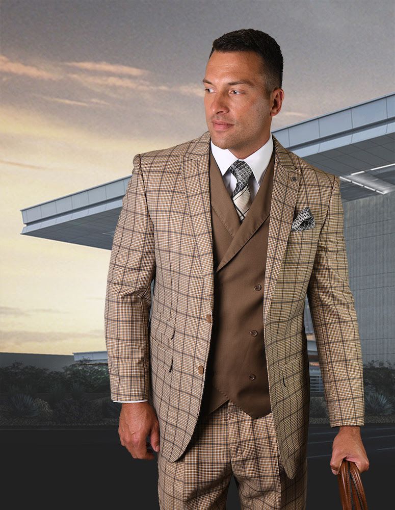 Statement Men's 3 Piece 100% Wool Fashion Suit - Windowpane