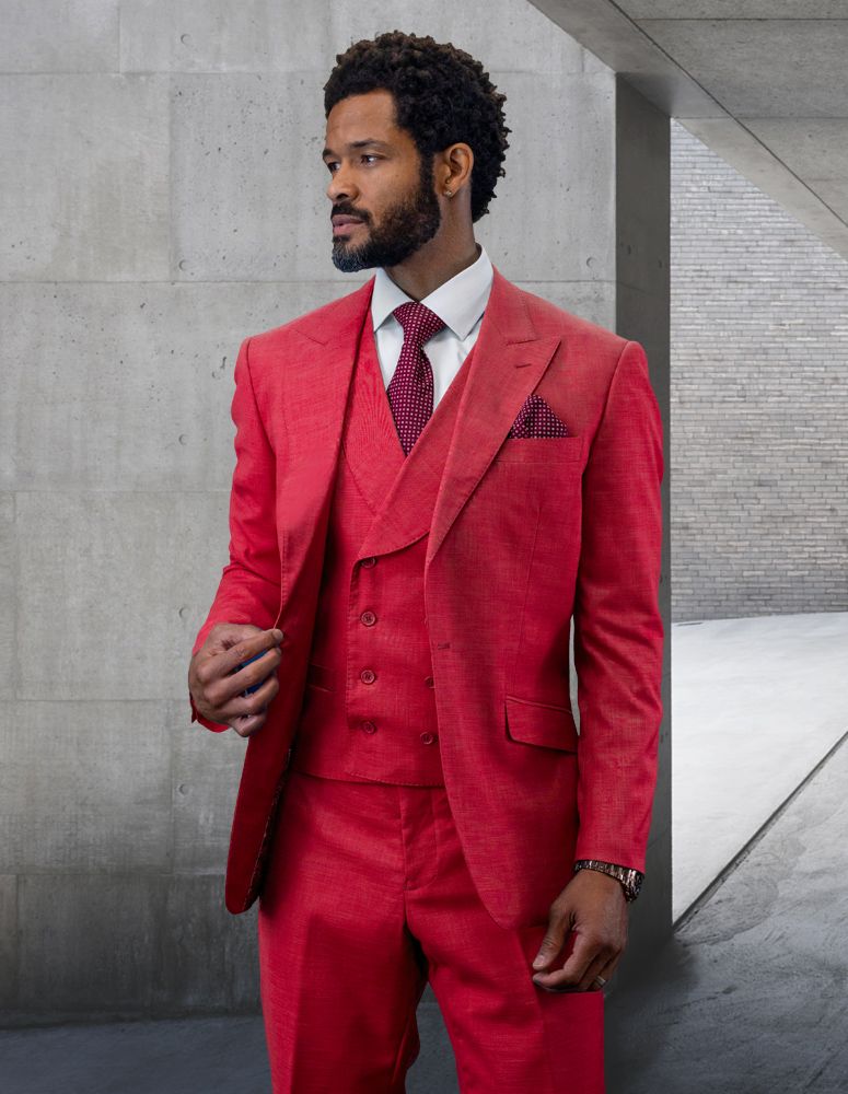 STATEMENT RED 3PC 2 BUTTON SOLID COLOR MENS SUIT WITH DOUBLE