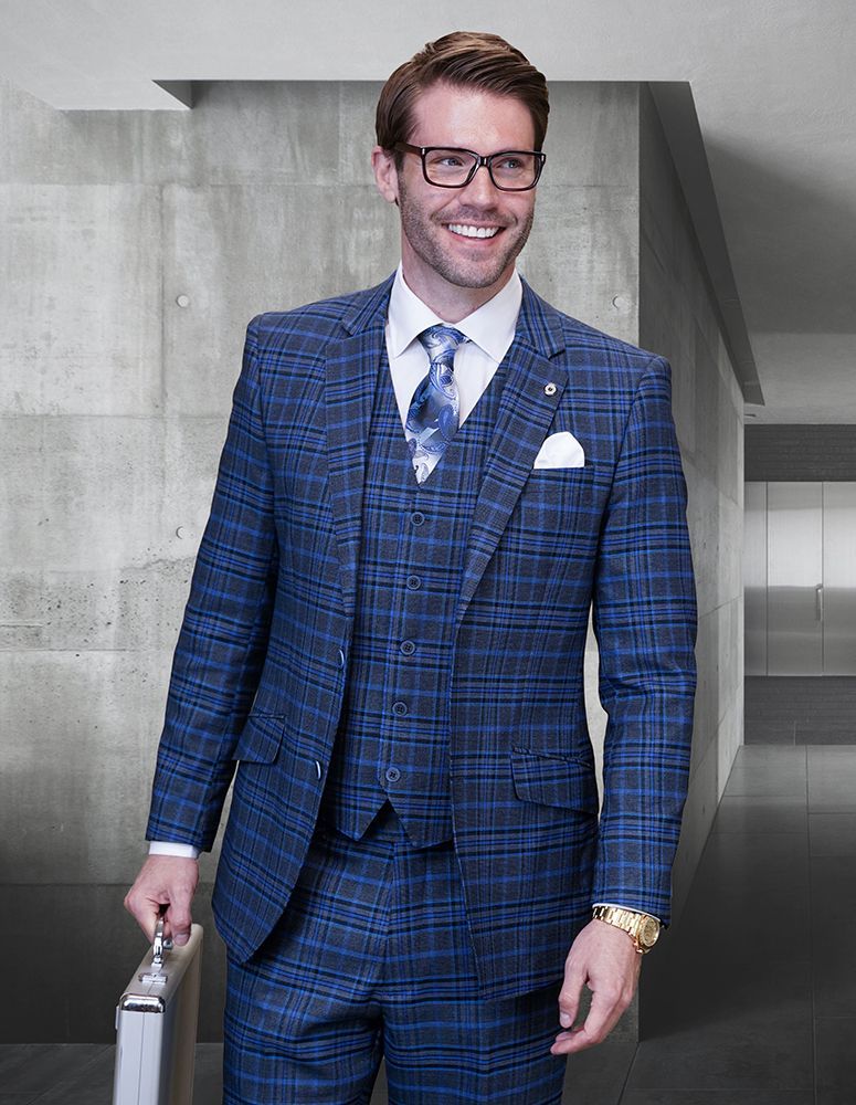 Statement Men's Outlet 3 Piece 100% Wool Fashion Suit - Triple Tone Plaid