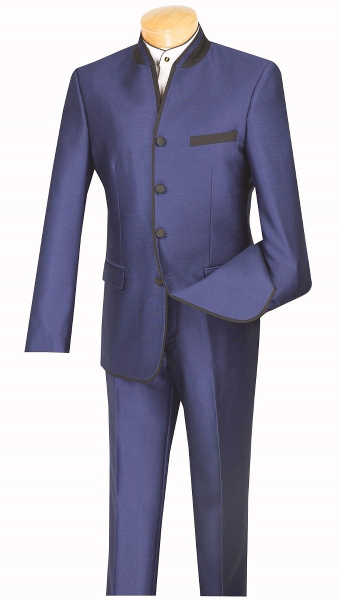 Dark Blue Sharkskin Double Breasted Slim Suit