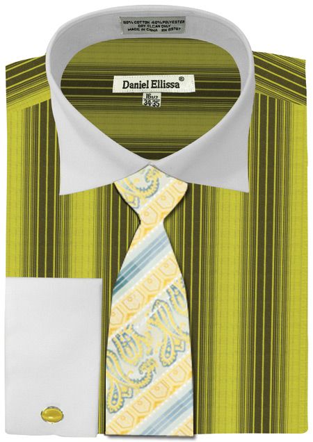 Men's DANIEL ELLISSA French Cuff Dress Shirt Blue Necktie Hanky Cufflinks Set