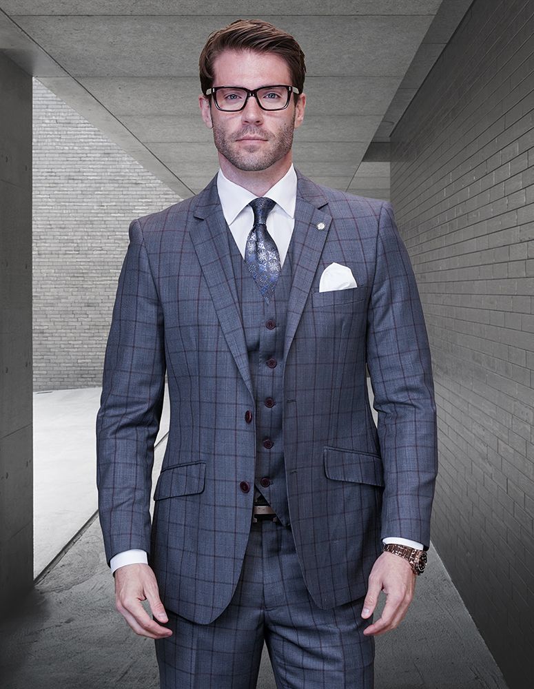 Statement Men's100 Wool Cashmere 3 Piece Suit Bold Windowpane