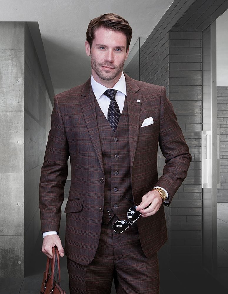 Statement Men's Outlet 3 Piece 100% Wool Cashmere Suit - Plaid Windowpane