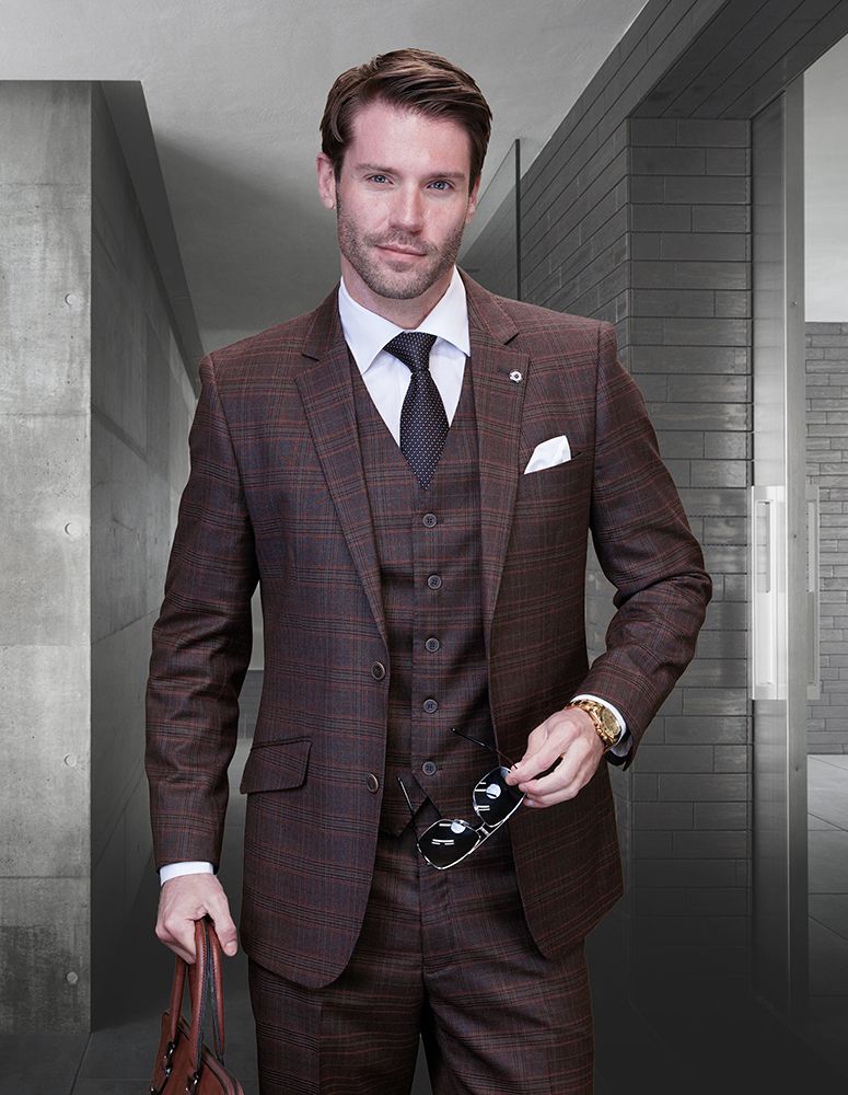 Statement Men's Outlet 3 Piece 100 Wool Cashmere Suit Plaid Windowpane
