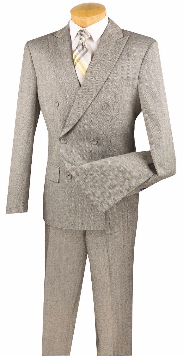 Vinci Men's Slim Fit Double Breasted Outlet Suit - Herringbone