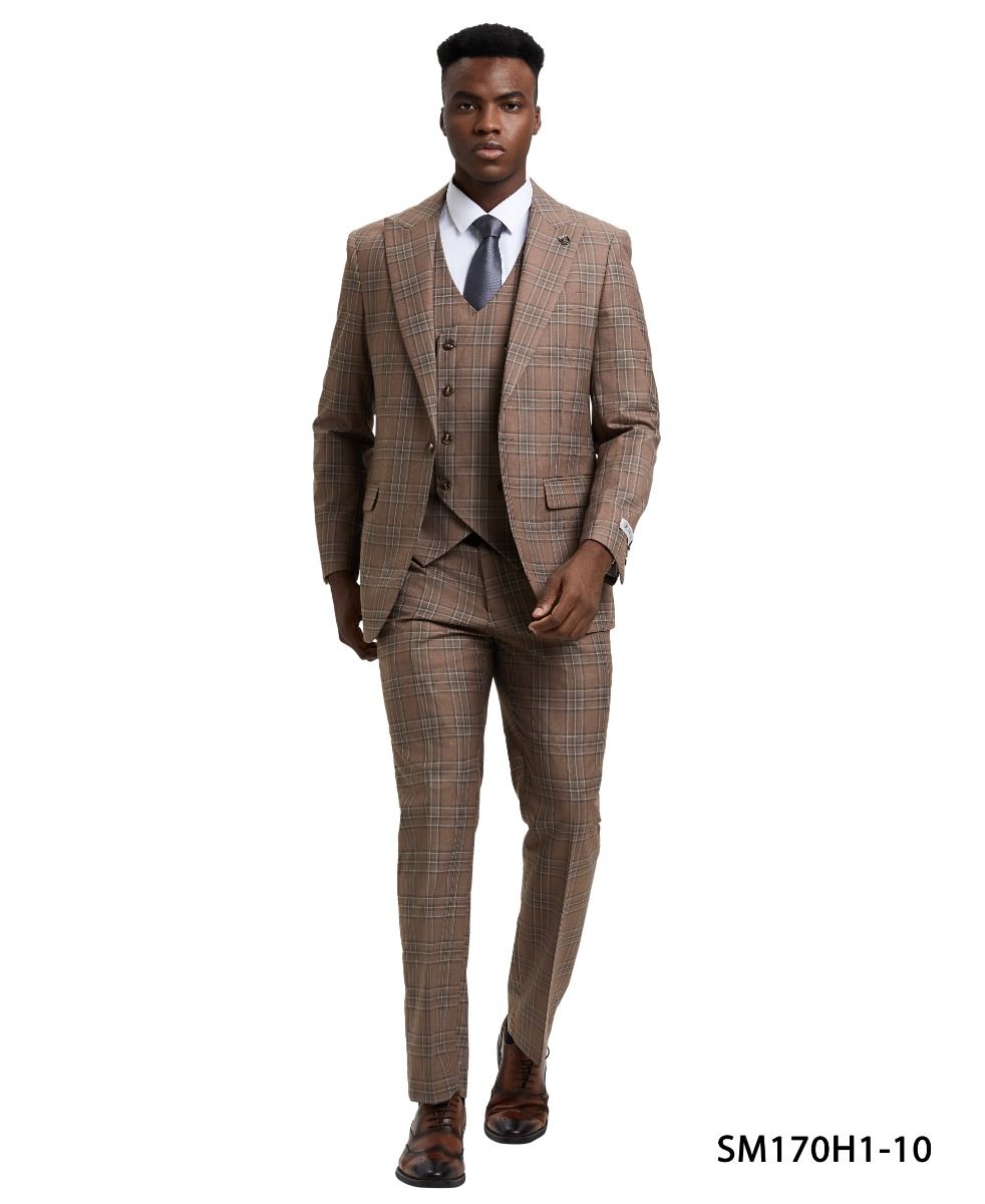 Men's Stacy Adams Modern Fit Vested Suit in Taupe Micro Check Plaid main image 1