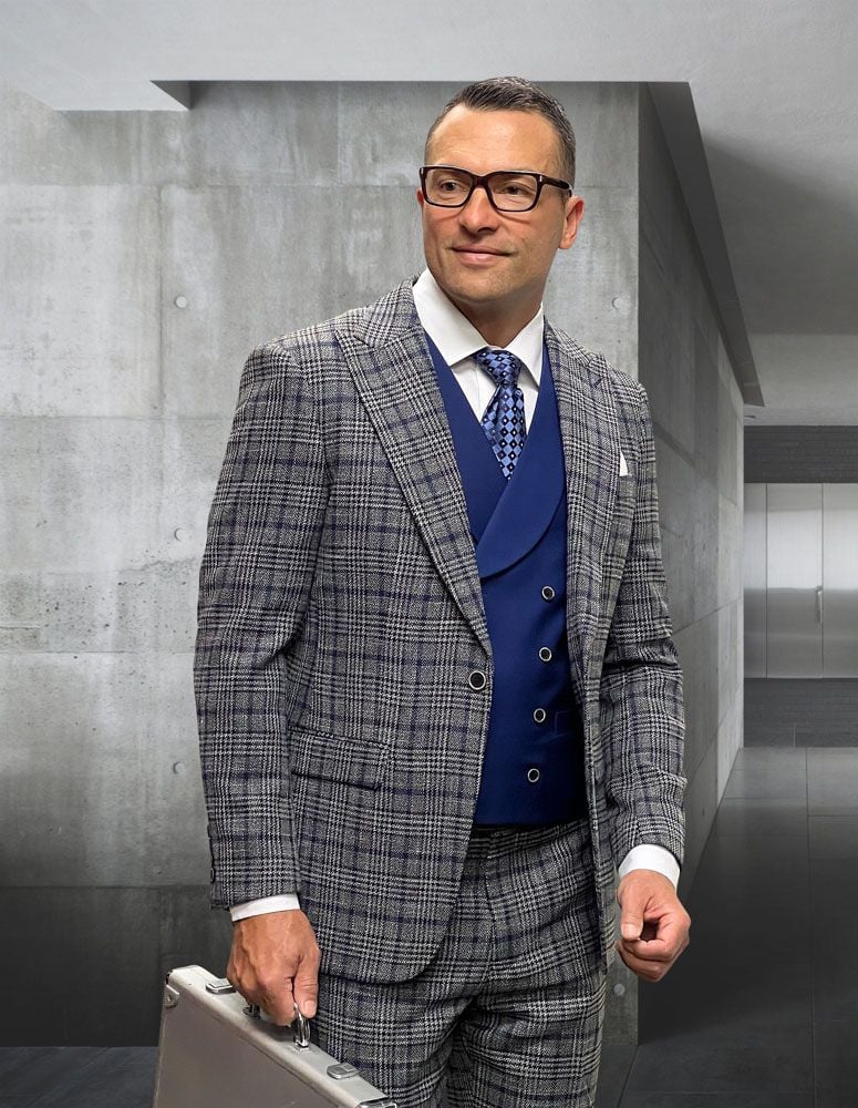 Statement Men's 3 Piece 100% Wool Fashion Suit - Layered Plaid Pattern