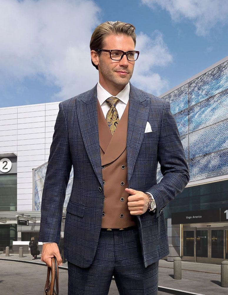 Statement Men's Outlet 3 Piece 100% Wool Fashion Suit - Layered Plaid Pattern