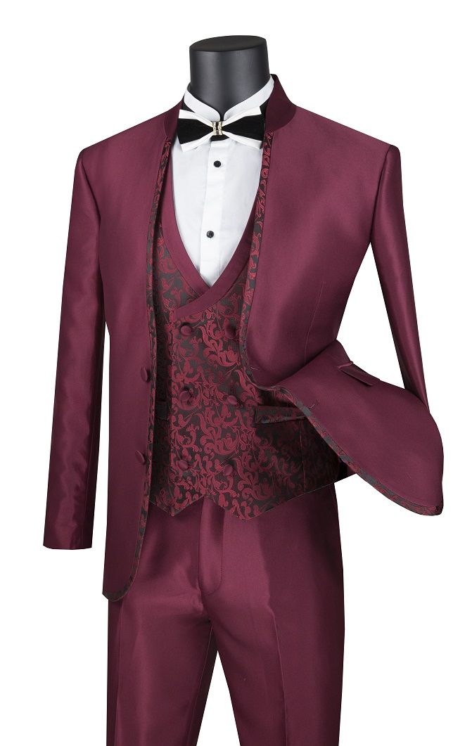 Vinci Men's 3 Piece Sharkskin Slim Fit Nehru Suit - Floral Vest