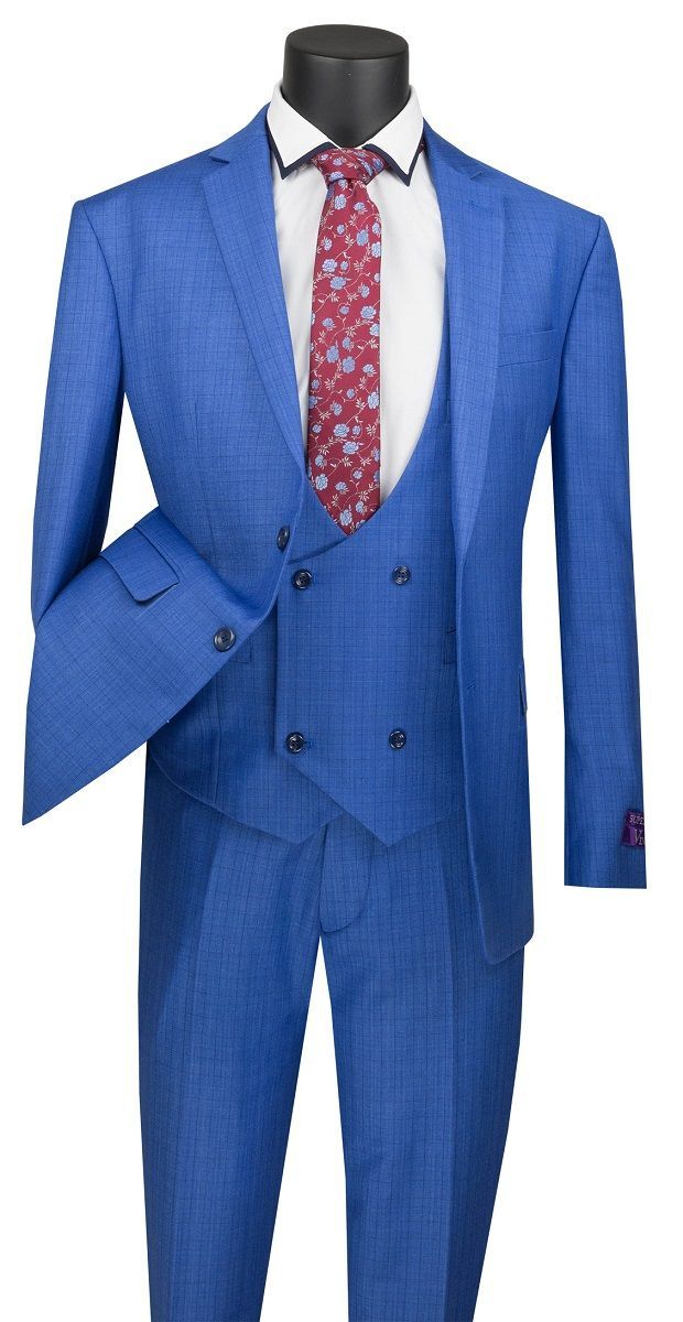 Vinci Men's Outlet 3 Piece Slim Fit Executive Suit - Low Cut Vest w/ Plaid