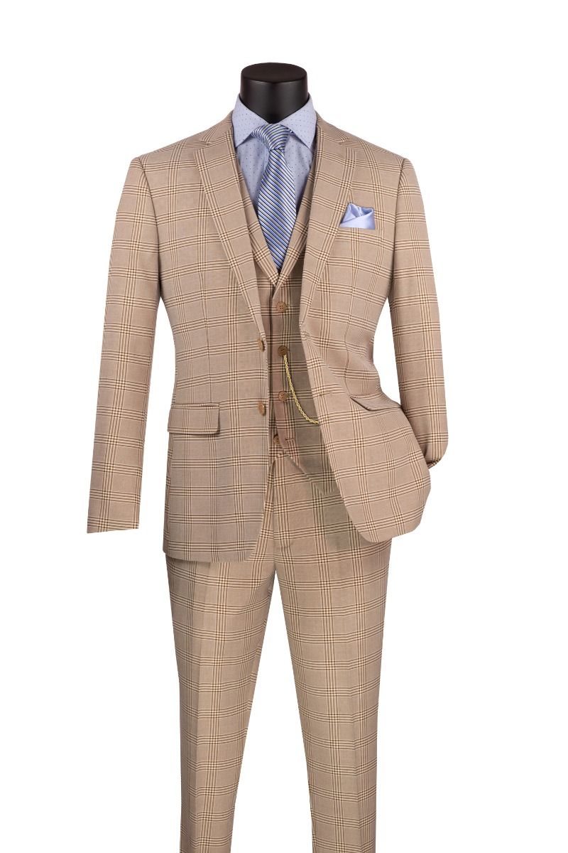 Vinci Men's Outlet 3 Piece Slim Fit Suit - Glen Plaid