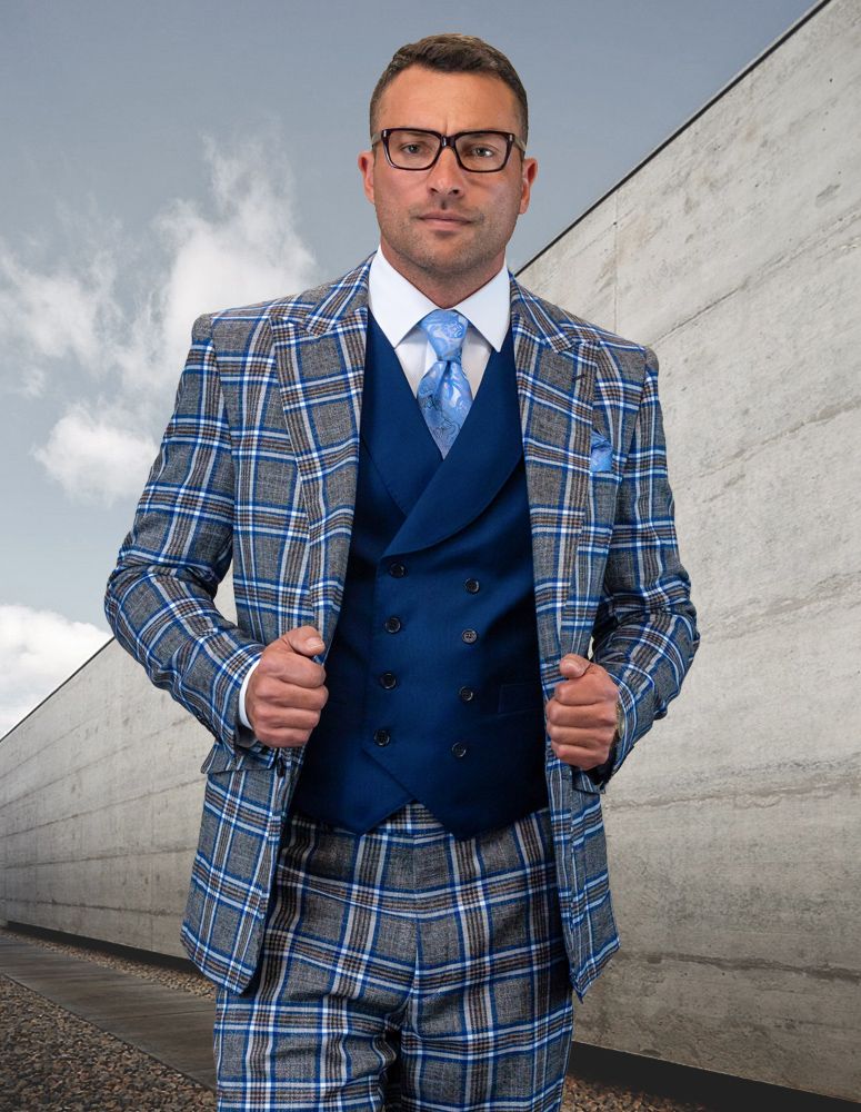 Statement Men's 100% Wool 3 Piece Suit - Triple Tone Plaid