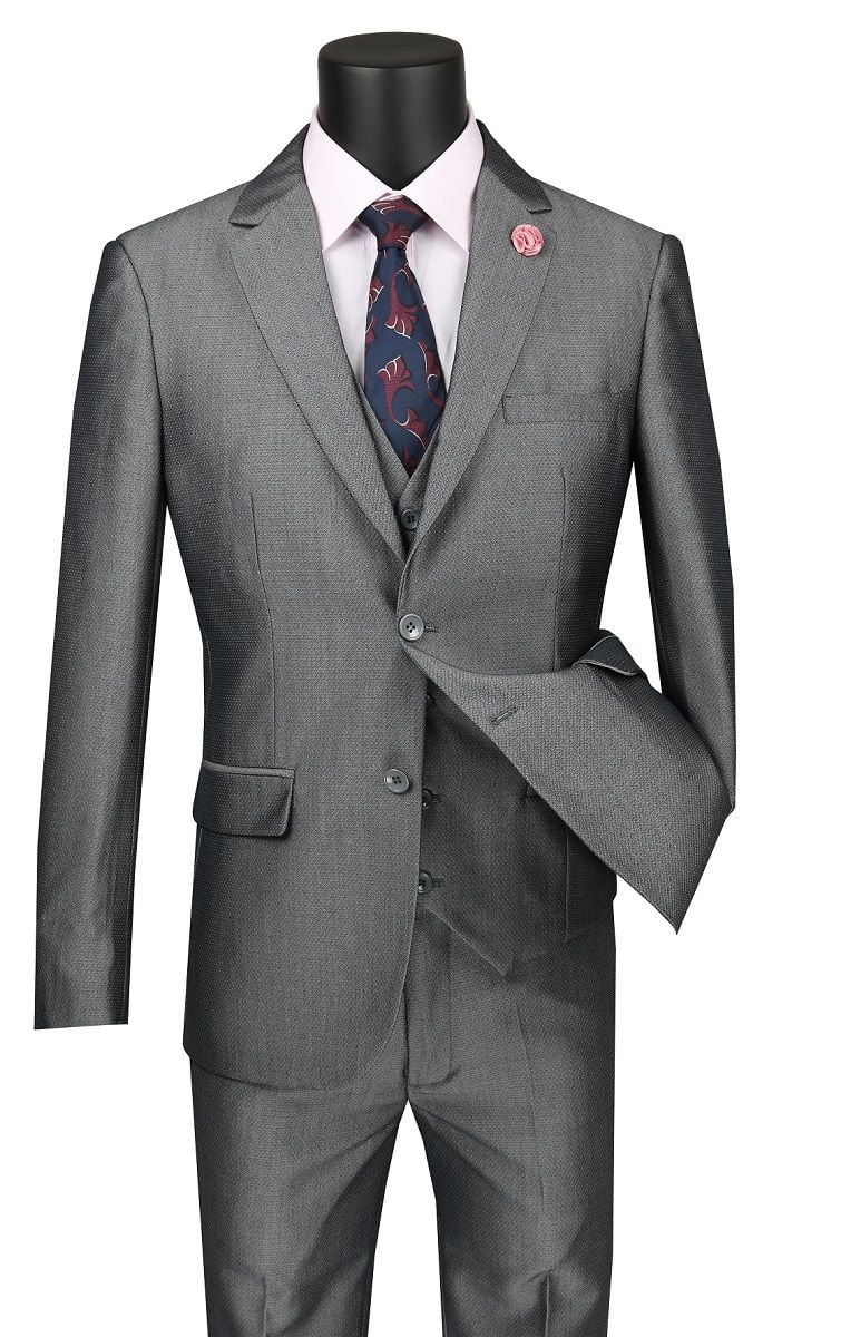 Men's 3 Button Elegant Wool Feel Sharkskin Look Suit Color Silver 58025 