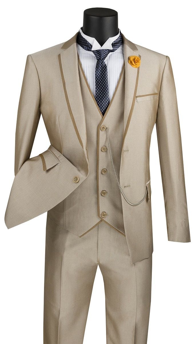Vinci Men's 3 Piece Wool Feel Slim Fit Suit - Trimmed Lapel