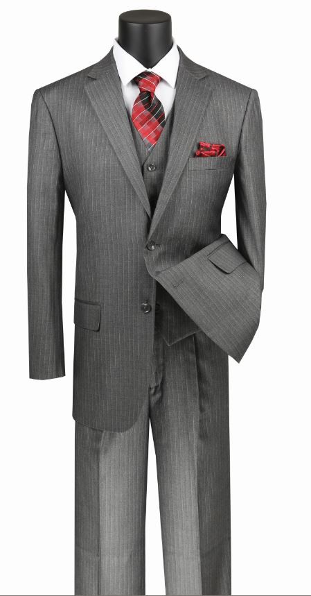 Vinci Men's 3 Piece Wool Feel Executive Suit - Pinstripe