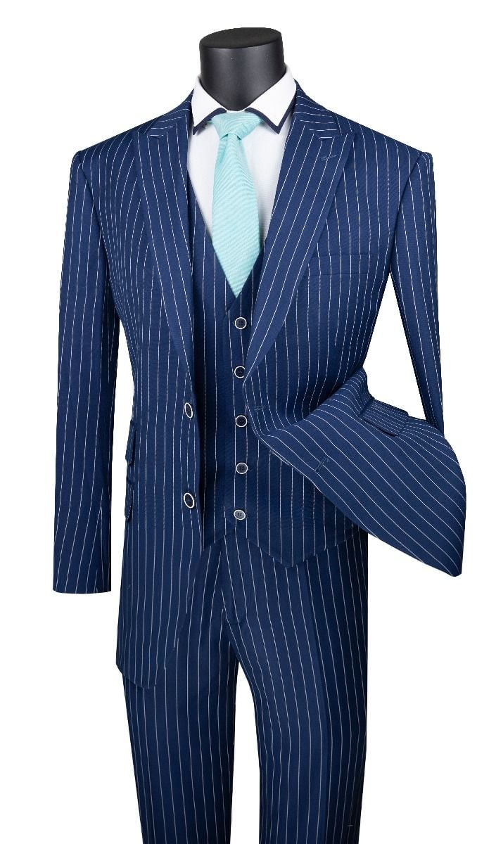 Vinci Men's 3 Piece Wool Feel Executive Suit - Vibrant Pinstripe