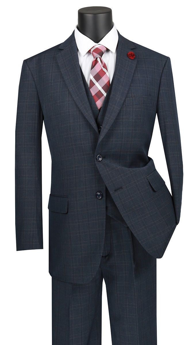 Vinci Men's Outlet 3 Piece Wool Feel Executive Suit - Windowpane