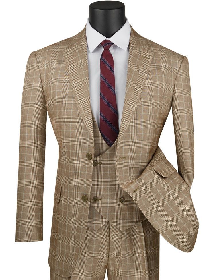 VINCI Men's Olive Green Glen Plaid 3 Piece 2 Button Classic Fit Suit NEW 