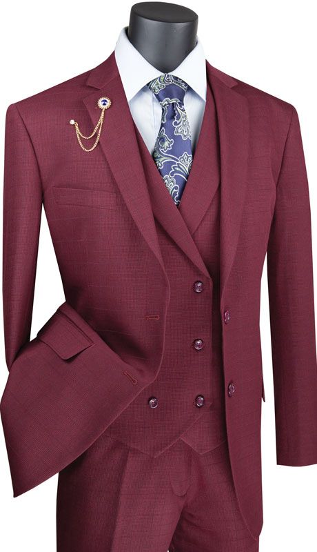 Vinci Men's 3 Piece Wool Feel Classic Suit - Double Breasted Vest