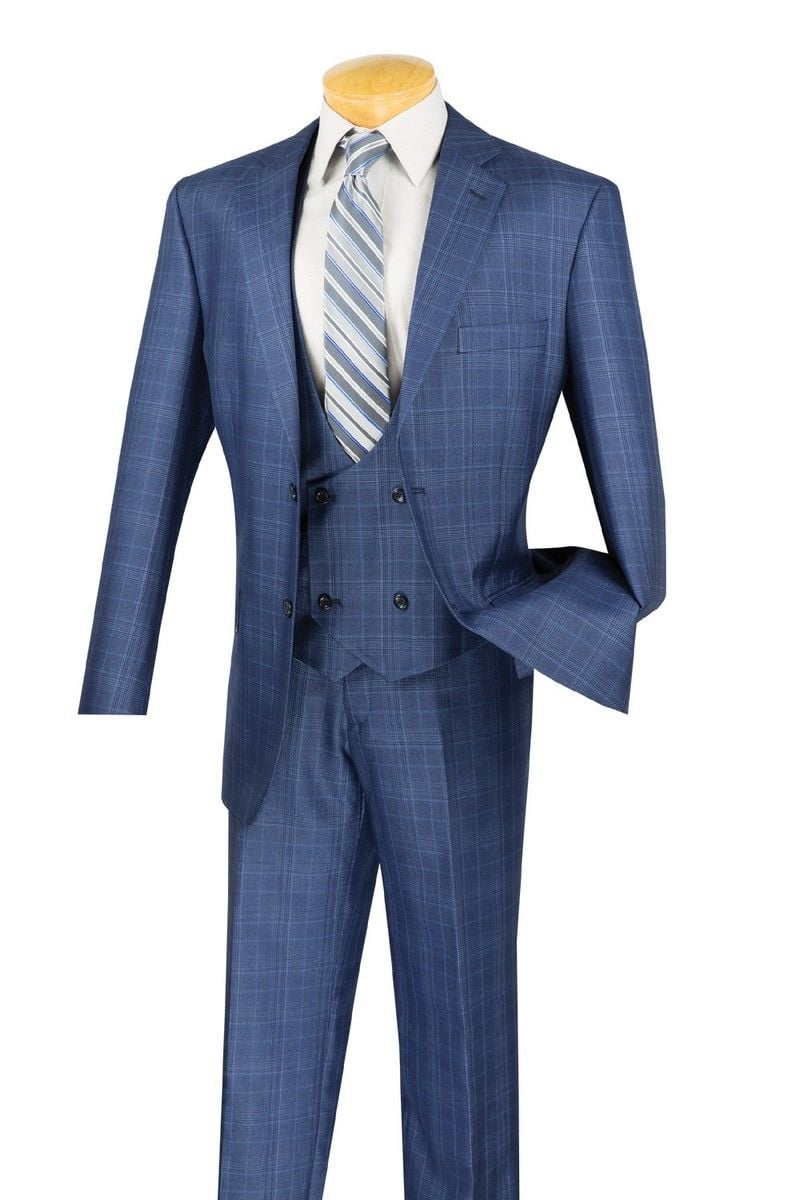 VINCI Men's Tan Glen Plaid 3 Piece 2 Button Modern Fit Suit w/ Peak Lapel NEW 