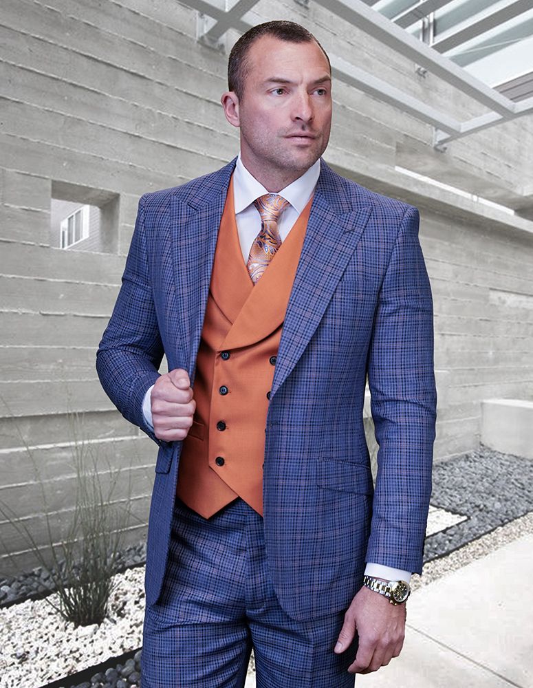 Statement Men's 3 Piece 100% Wool Fashion Suit - Fine Line Plaid