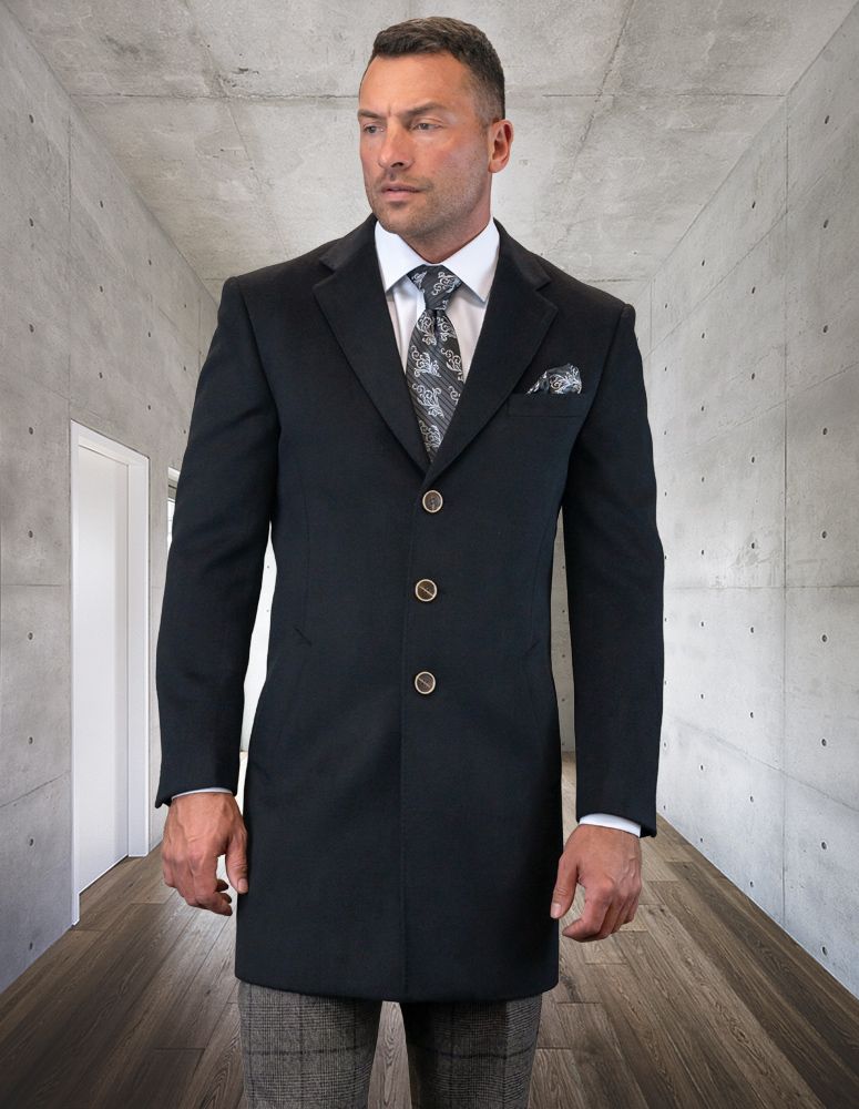 Statement Men s Outlet 3 4 Length 100 Wool Top Coat Single Breasted