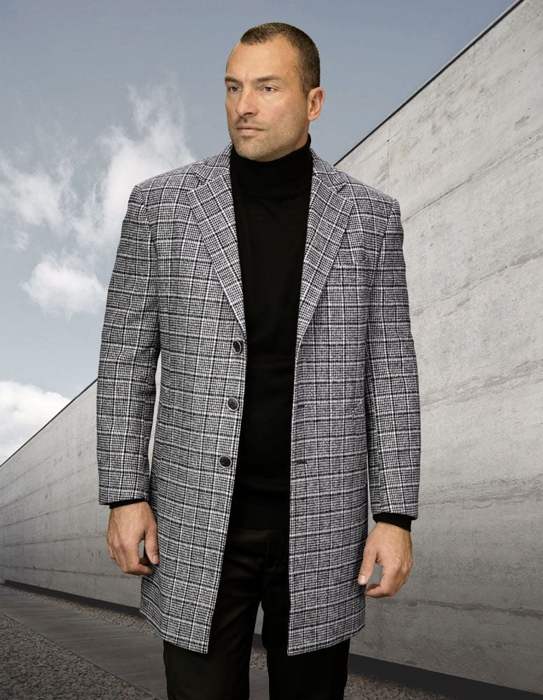Statement Men's 3/4 Length 100% Wool Top Coat - Plaid
