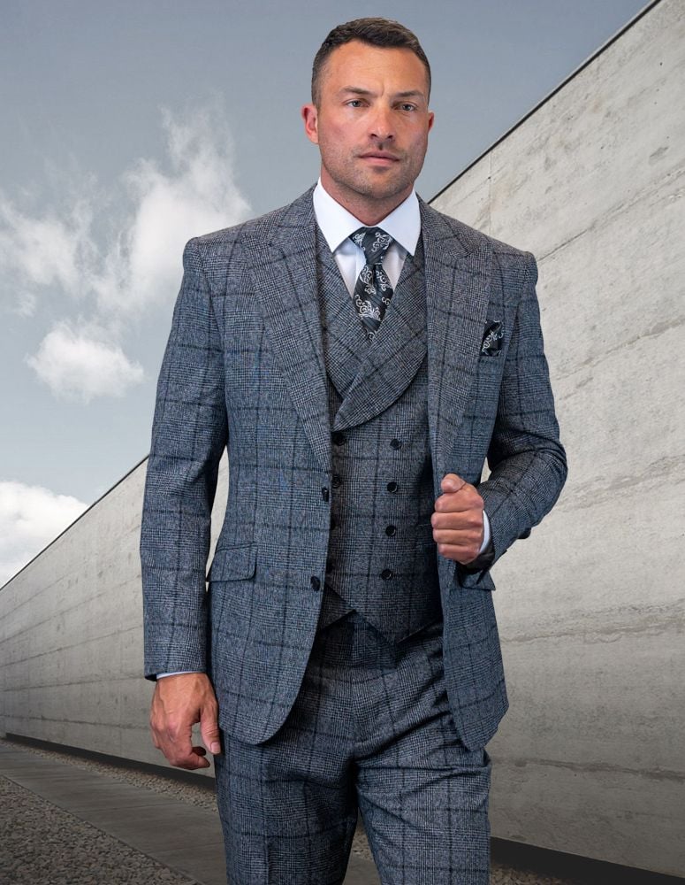 Men's Grey Birdseye Peak Lapel Three Piece Suit – Flex Suits