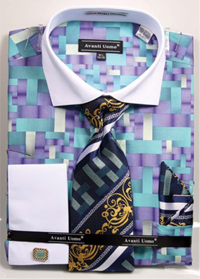 Avanti Uomo Men's French Cuff Dress Shirt Set - Geometric