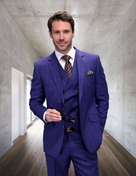 Statement Men's 3 Piece 100% Wool Fashion Suit - Modern Grid