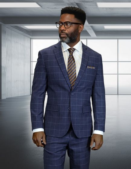 Slate Blue Suit Windowpane Pattern 2 Piece Mens Suits