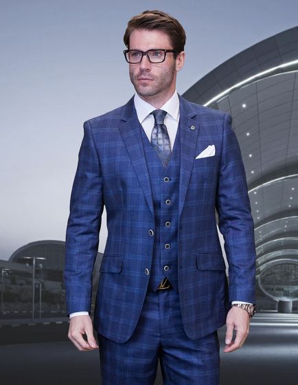 Statement Men's 3 Piece 100% Wool Fashion Suit - Modern Fit Plaid