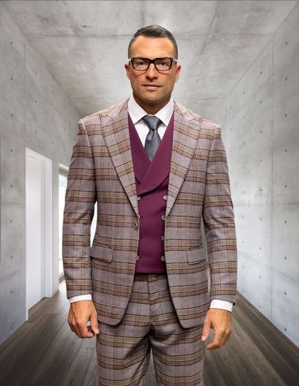 Statement Men's Outlet 100% Wool 3 Piece Suit - Two Tone Plaid