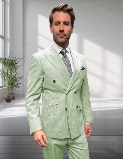 Statement Men's 2 Piece 100% Wool Double Breasted Suit - Pinstripe Pattern