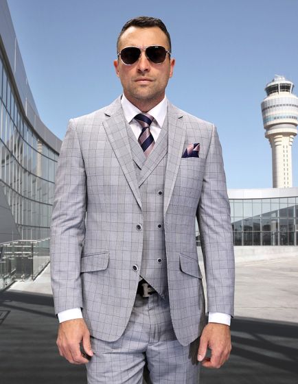 Statement Men's Outlet 2 Piece 100% Wool Jacket and Vest Set - Two Tone Windowpane