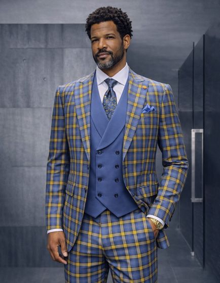 Indigo Blue Suits Windowpane Plaid Suit Solid Color Double Breasted Vest