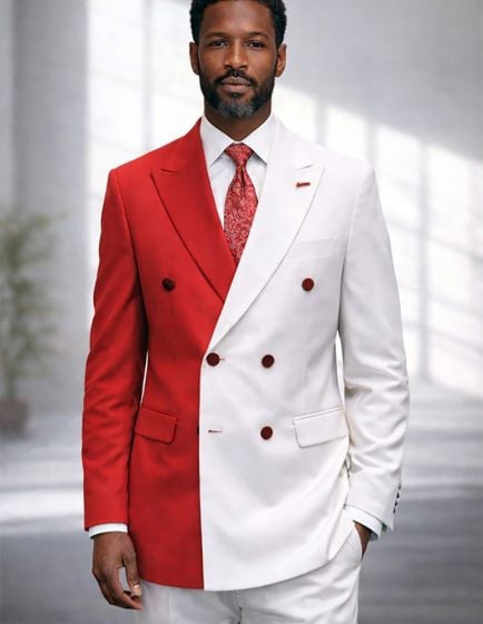 White/Red Double Breasted Suit for Men with Peak Lapel