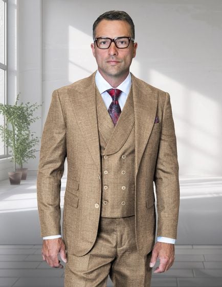 Tan Suit Mens 3 Piece Suits with Peak Lapel