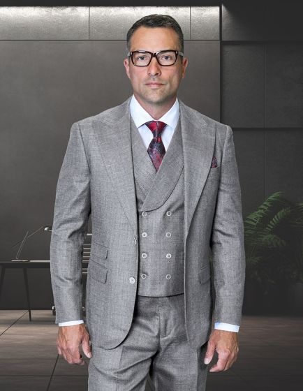 Statement Men's Outlet 3 Piece 100% Wool Modern Fit Suit - Peak Lapel