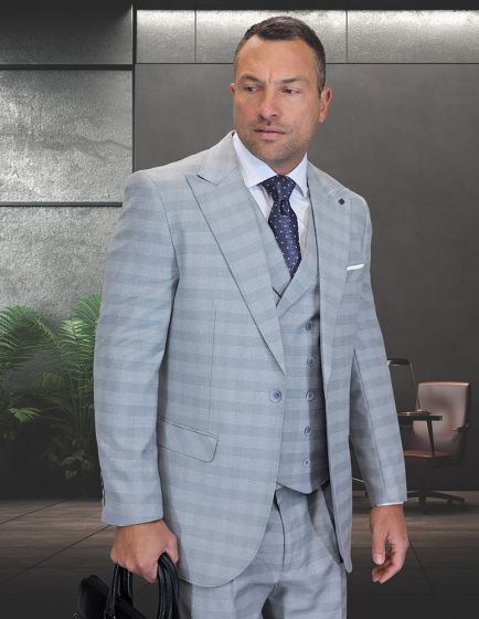 Grey Suit 3 Piece Suits for Men Peak Lapel Double Breasted Vest