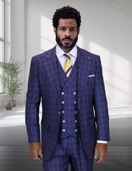 Navy Blue Suit 3 Piece Suits for Men Peak Lapel Double Breasted Vest 