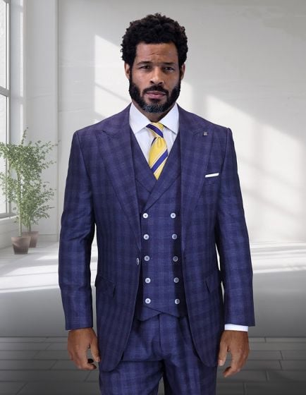 Statement Men's Outlet 3 Piece 100% Wool Wide Leg Suit- Windowpane Plaid