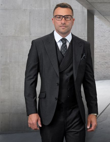 Black Pinstripe Suit Peak Lapel 3 Piece Suit