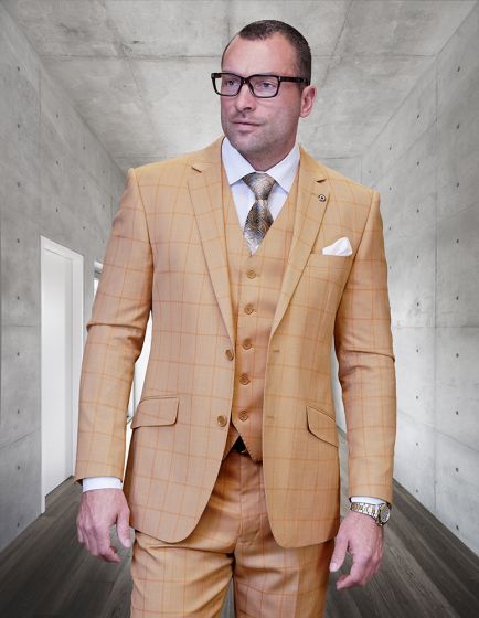 Statement Men's Outlet 3 Piece 100% Wool Fashion Suit - Modern Fit Windowpane