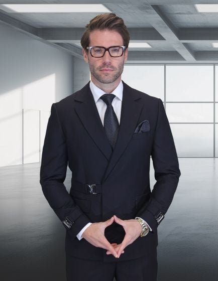 Statement Men's Outlet 2 Piece 100% Wool Modern Fit Double Breasted Suit - Metal Buckle